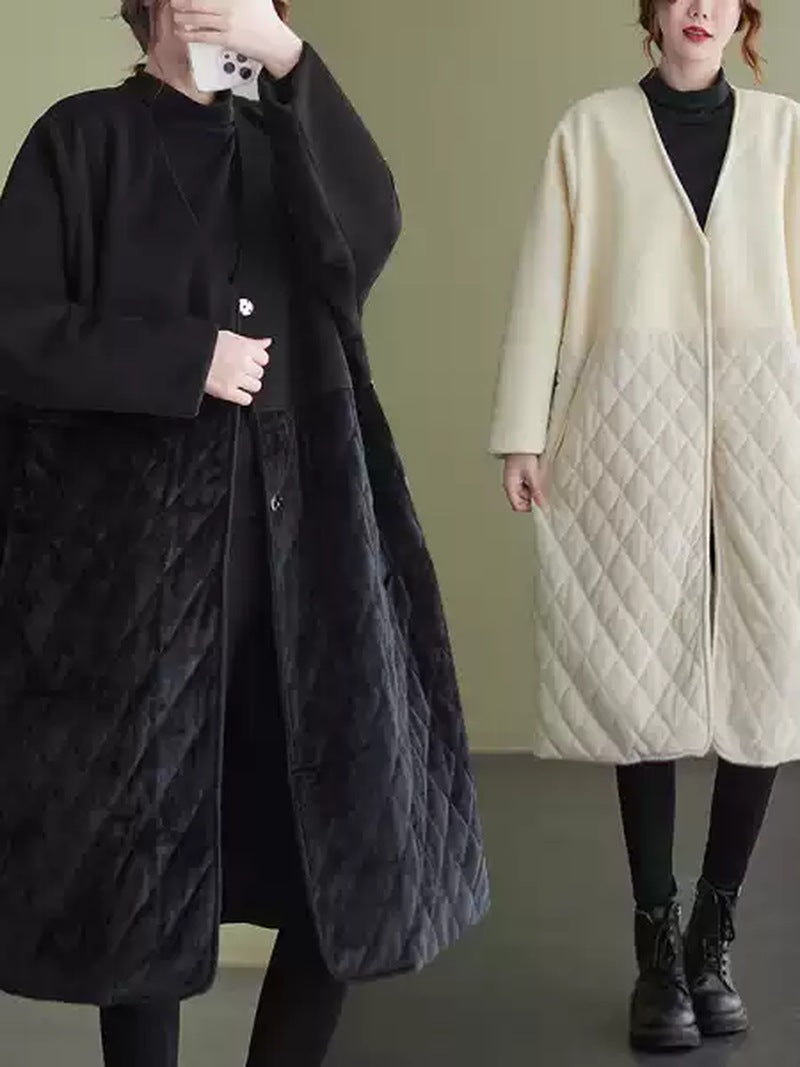 Velvet Diamond Quilted Cotton Coat for Women | Loose Winter Overcoat