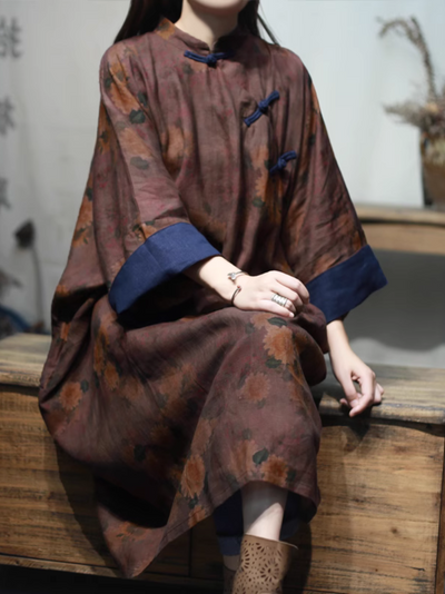 Women's Stand-up Collar Plate Button Mid-Length Shirt Dress
