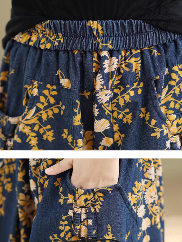 Floral Denim Cotton Palazzo Pants with Elastic Waist, Chic Wide-Leg Silhouette