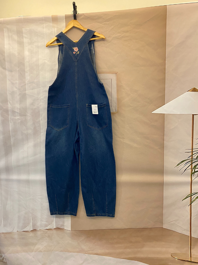 Women's Rose Embroidered Denim Overalls with Loose Wide-Leg Fit