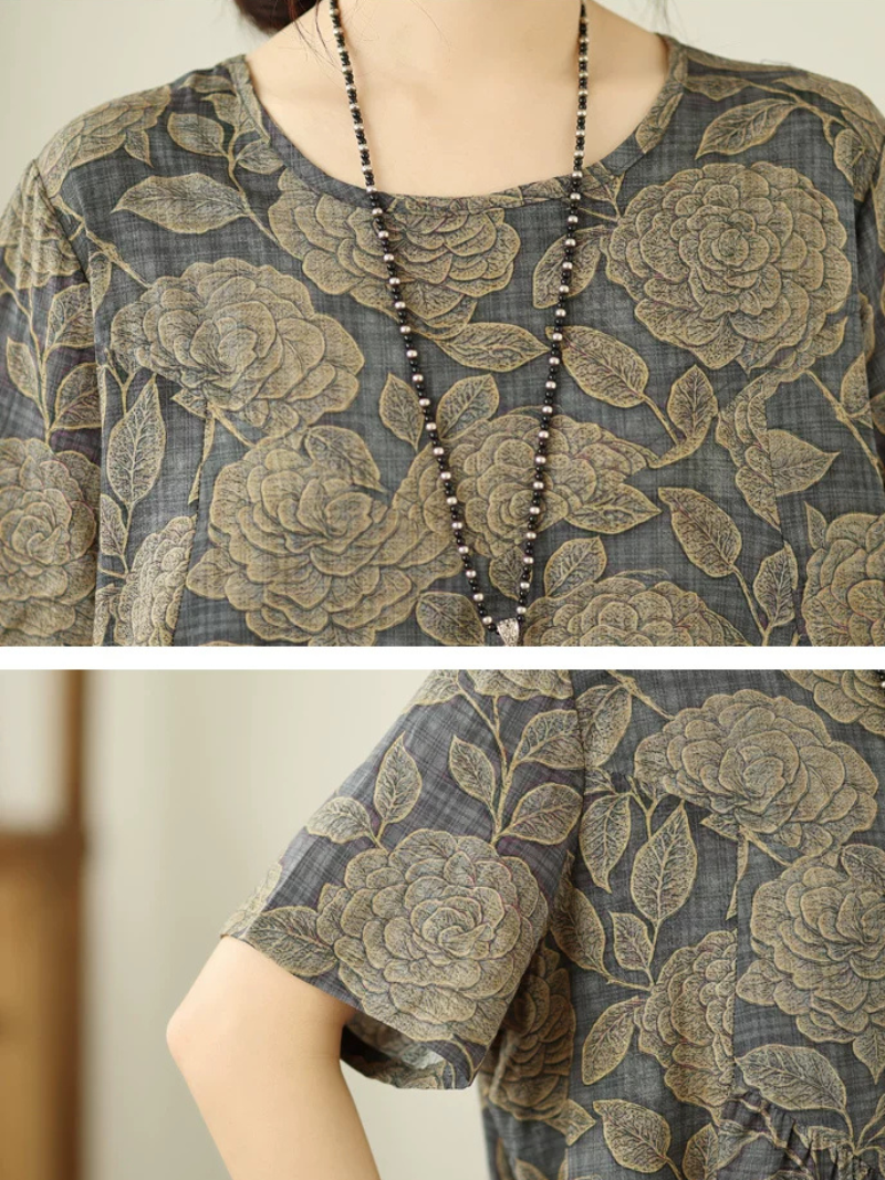 Botanical A-Line Cotton Linen Dress with Pockets, Relaxed Midi Elegance