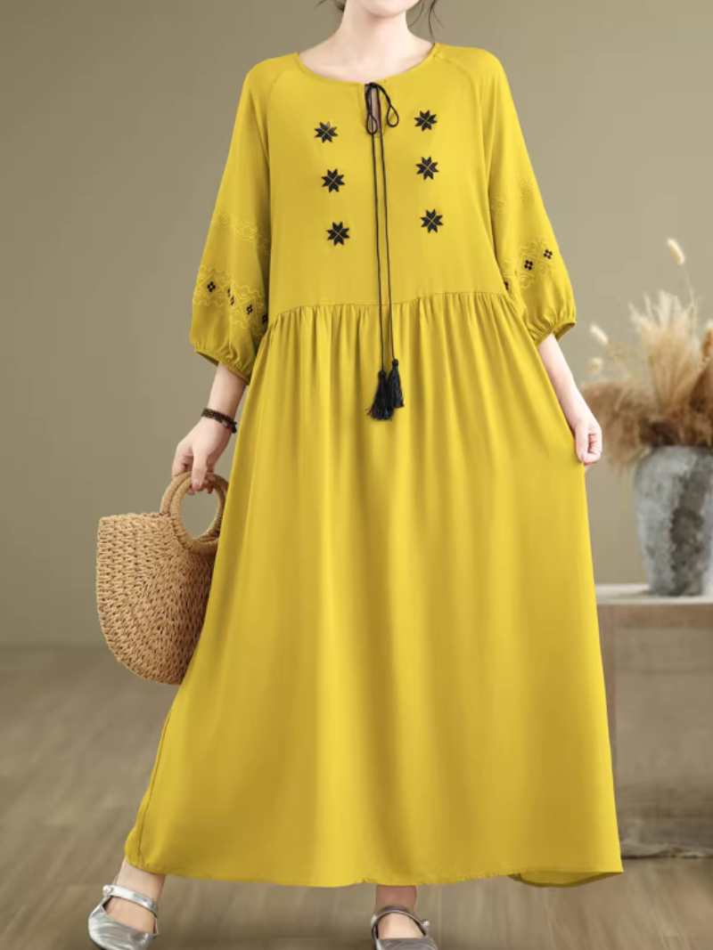 Embroidered Cotton-Linen Boho Maxi Dress with Tassel Tie Neck Detail