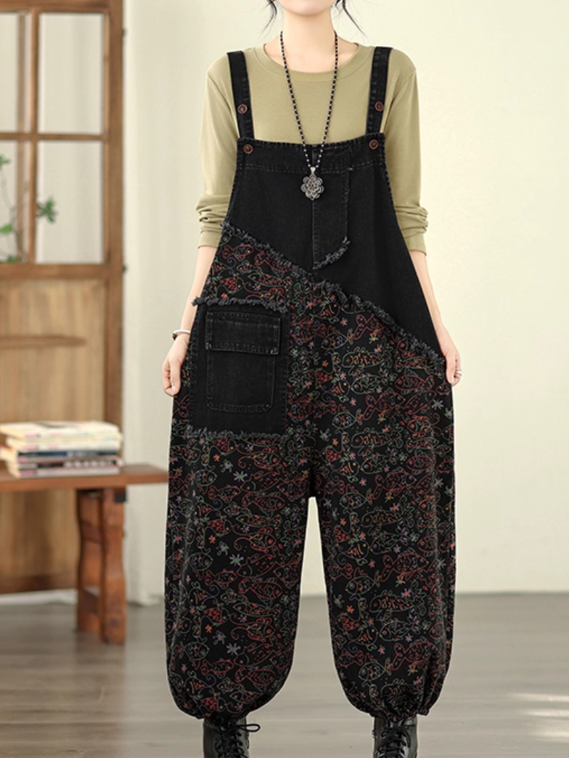 Artisan Printed Cotton-Linen Harem Overalls, Chic Boho Jumpsuit for Women
