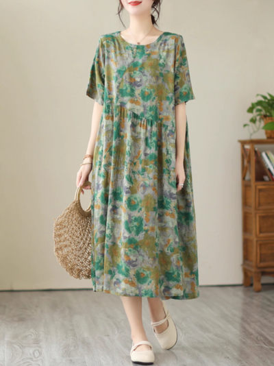 Women's Loose Green Flower Midi Dress