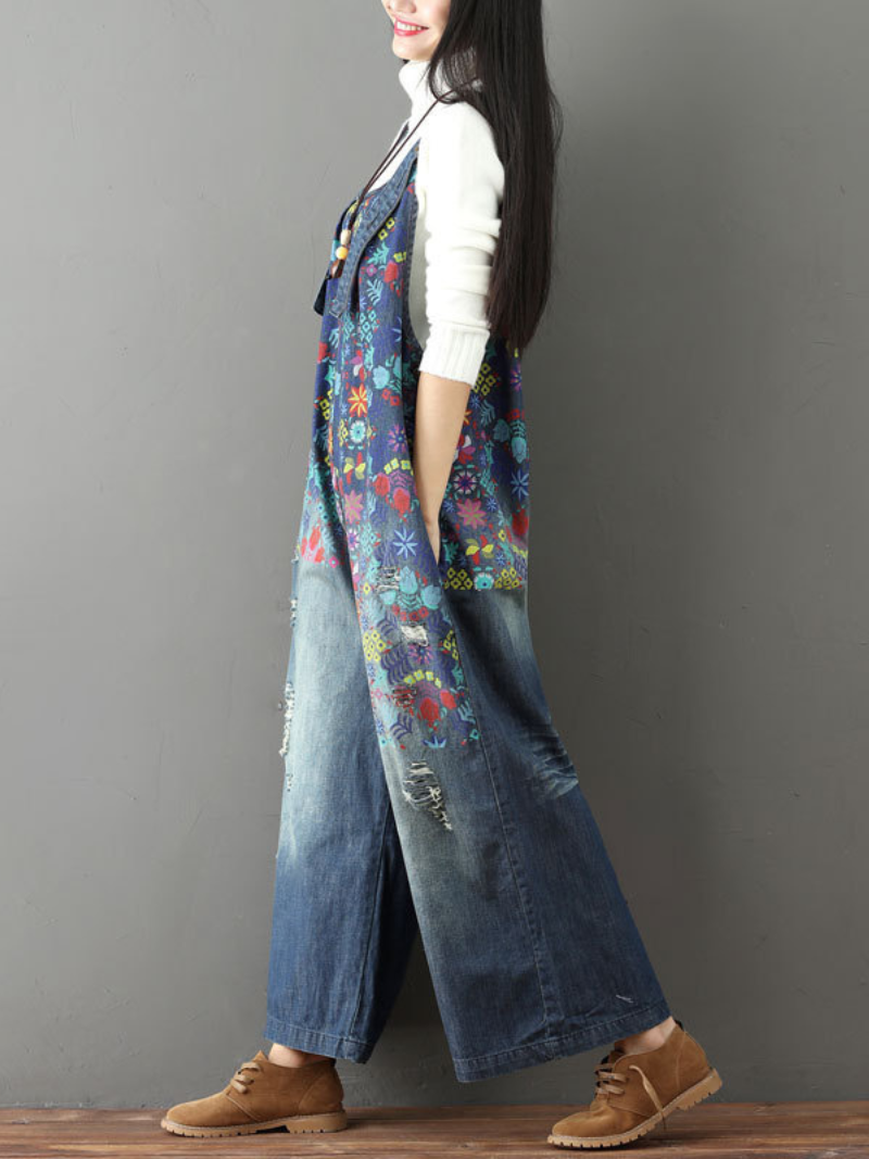Women's Clothing Printed Jeans White Holes Wide Leg Overalls Dungarees