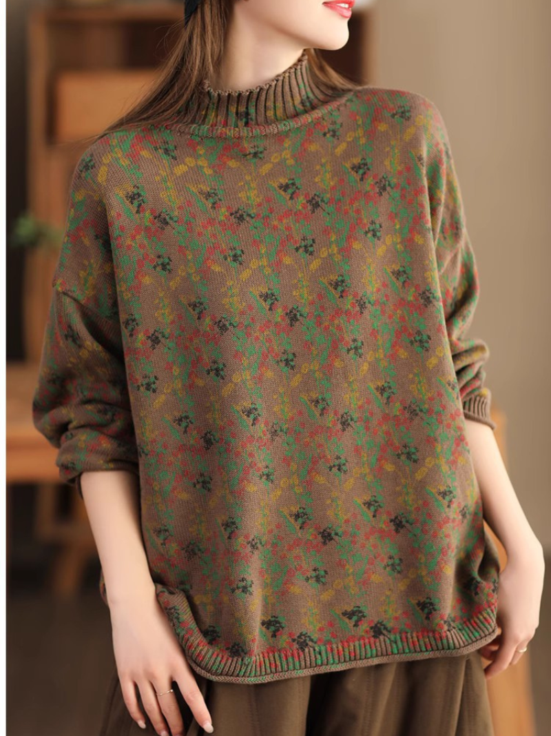 Jacquard Floral Knit Sweater with Relaxed Silhouette for Effortless Layering
