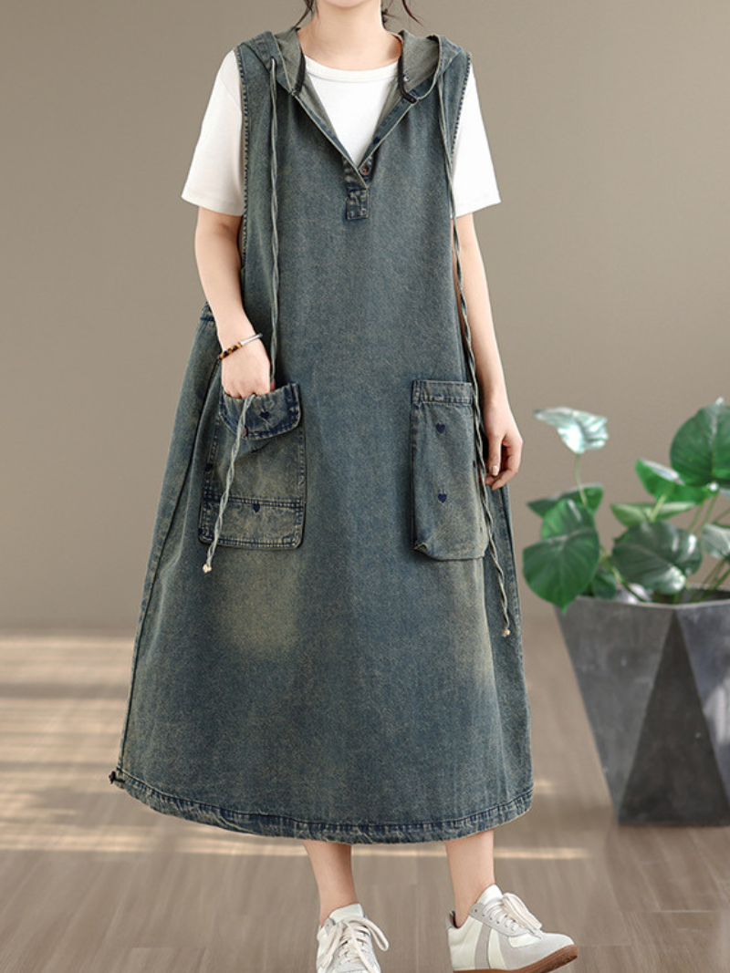 Hooded Denim Dress in Cotton, Pinafore Silhouette with Oversized Pockets