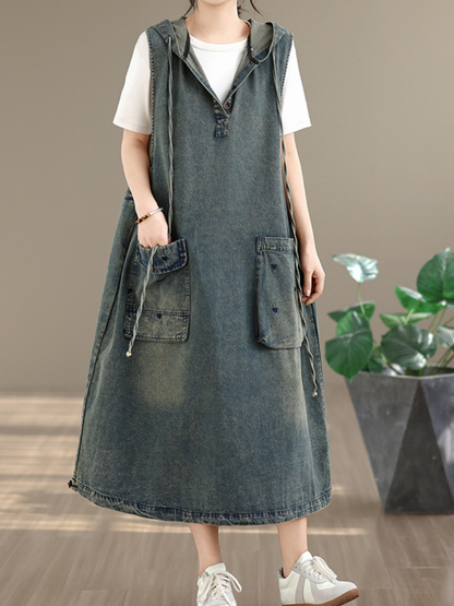 Hooded Denim Dress in Cotton, Pinafore Silhouette with Oversized Pockets