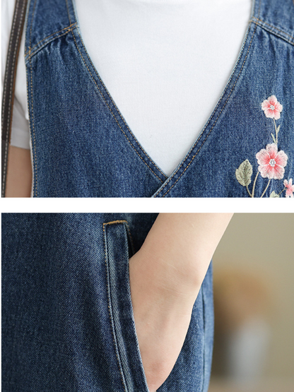 Women's Rose Embroidered Denim Overalls with Loose Wide-Leg Fit