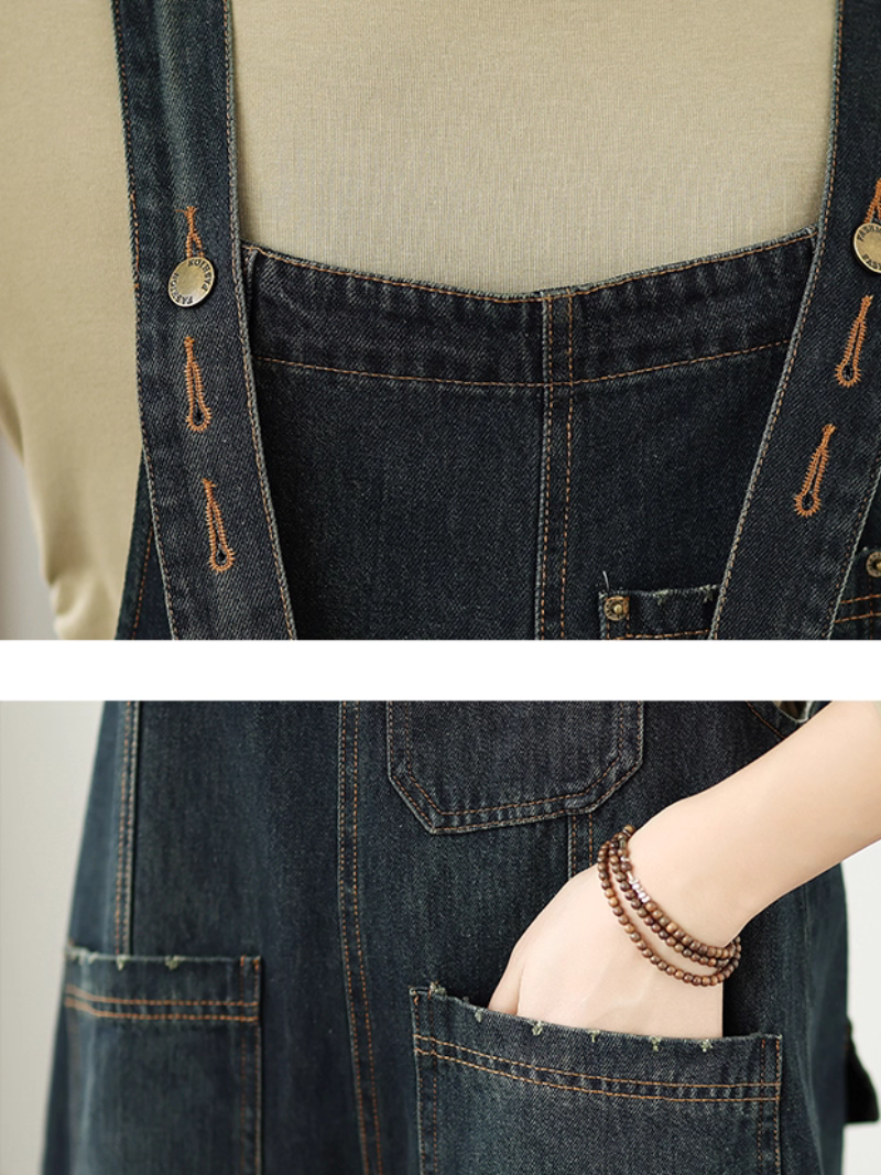 Relaxed Wide-Leg Denim Overalls with Adjustable Straps and Pocket Detail
