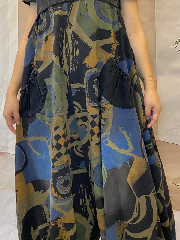 Geometric Print Denim Dungarees With Curved Hip Pockets