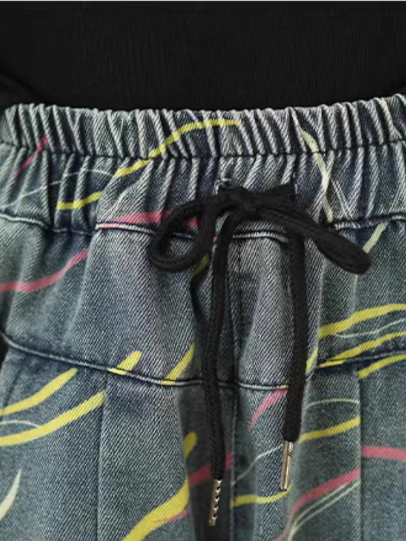 Artful Wide-Leg Denim Cotton Palazzo Pants with Elastic High Waist