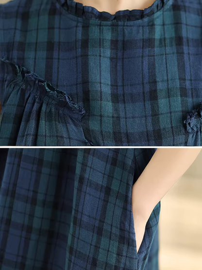 Sleeveless Plaid Maxi Dress in Airy Cotton Linen Blend Elegance