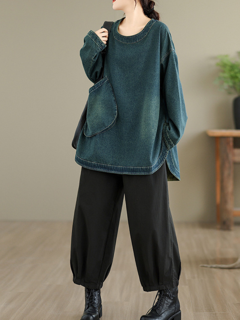 Oversized Denim Cotton Top with Curved Hem and Statement Pocket