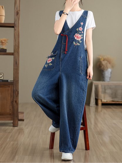 Women's Rose Embroidered Denim Overalls with Loose Wide-Leg Fit