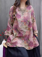 Painterly Floral Cotton-Linen Tunic Blouse