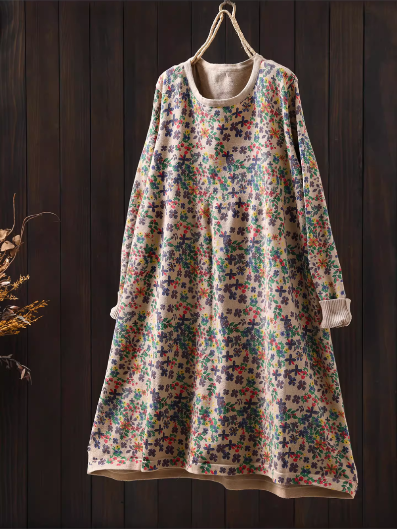 Elegant floral sweater dress in relaxed A-line silhouette for winter