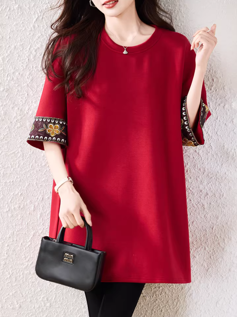 Embroidered Sleeve A-Line Tunic Top for Effortless Chic Everyday Style