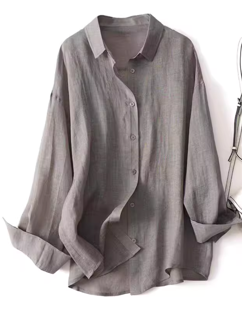 Chic Oversized Ramie Shirt, Button-Front Ease and Relaxed Collared Draping