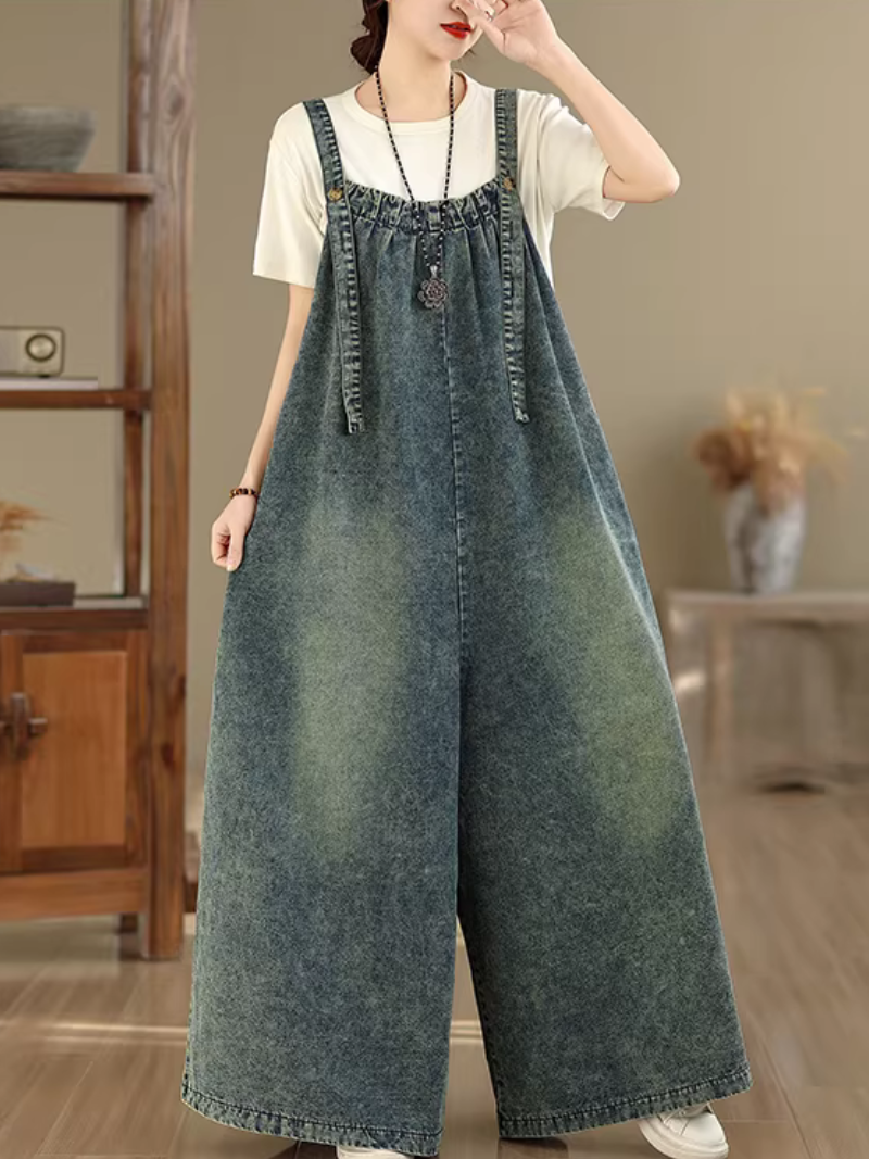 Artful Wide-Leg Denim Overalls Jumpsuit in Soft Cotton for Effortless Weekends