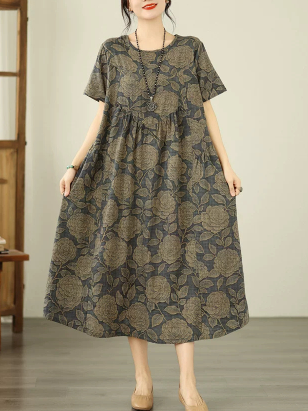 Botanical A-Line Cotton Linen Dress with Pockets, Relaxed Midi Elegance