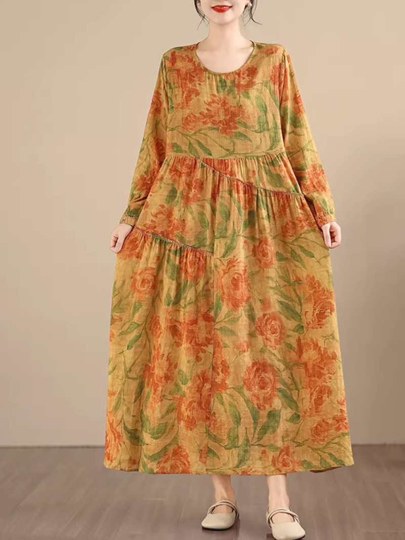 Artful Floral Tiered Maxi Dress in Airy Cotton&Flax for Everyday Elegance