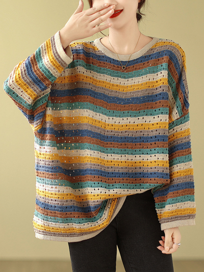 Women's Comfy & Colorful Plus Size Knitted Stripe Sweater