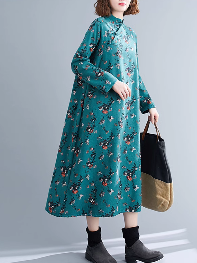 Women's Stylish Slanted Lapel Floral Over the Knee A-Line Dress