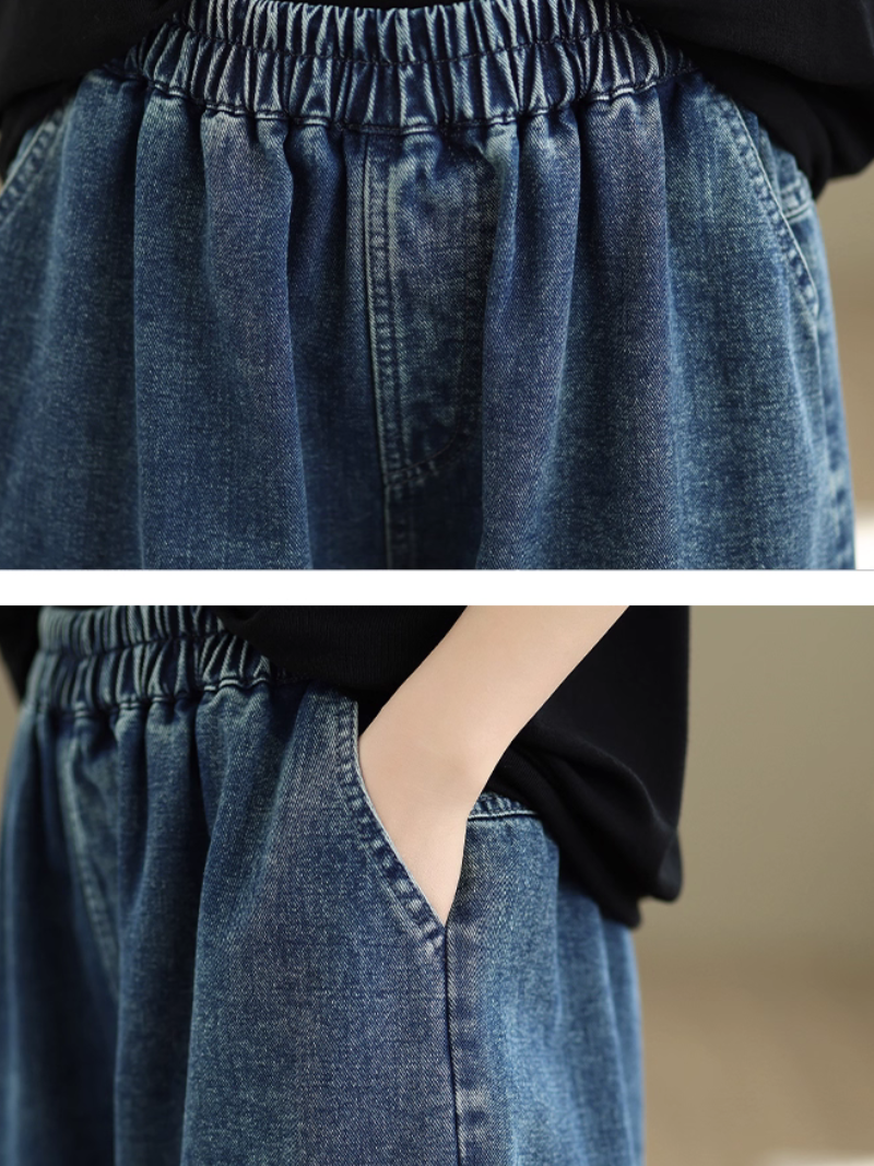 Chic Wide-Leg Women's Jeans in Denim Cotton with Artful Patchwork