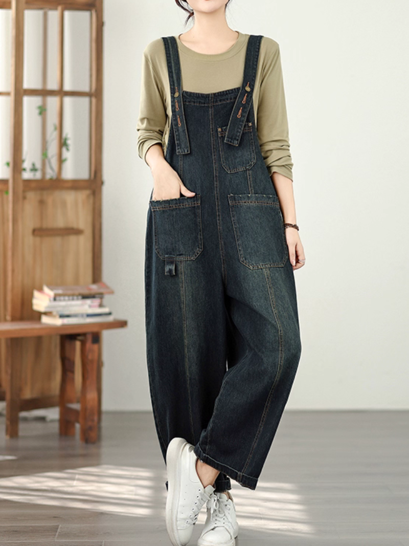 Relaxed Wide-Leg Denim Overalls with Adjustable Straps and Pocket Detail