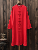 Elegant Cotton-Linen Mandarin Collar Midi Tunic Dress with Frog Buttons