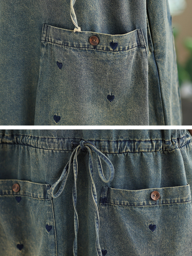 Hooded Denim Dress in Cotton, Pinafore Silhouette with Oversized Pockets