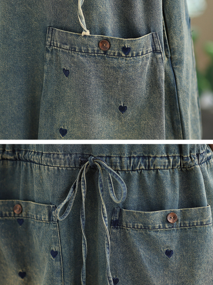 Hooded Denim Dress in Cotton, Pinafore Silhouette with Oversized Pockets