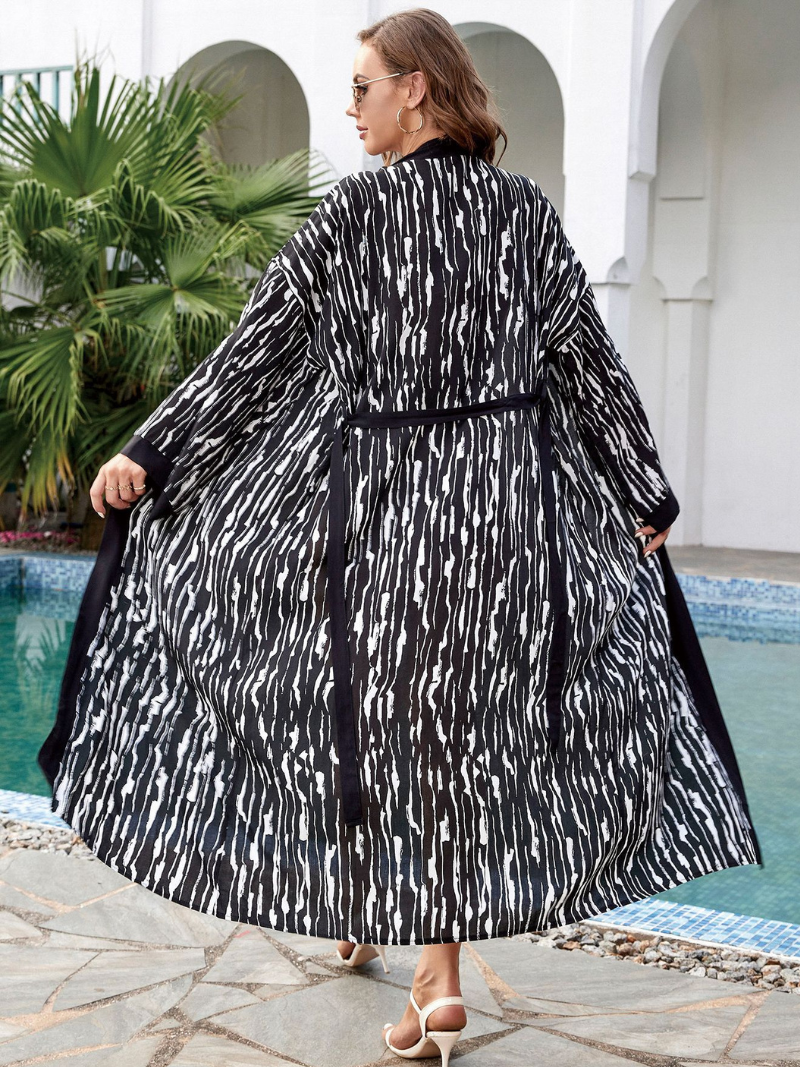 Women's Open Style Printed Embroidered Belt Kimono Dress