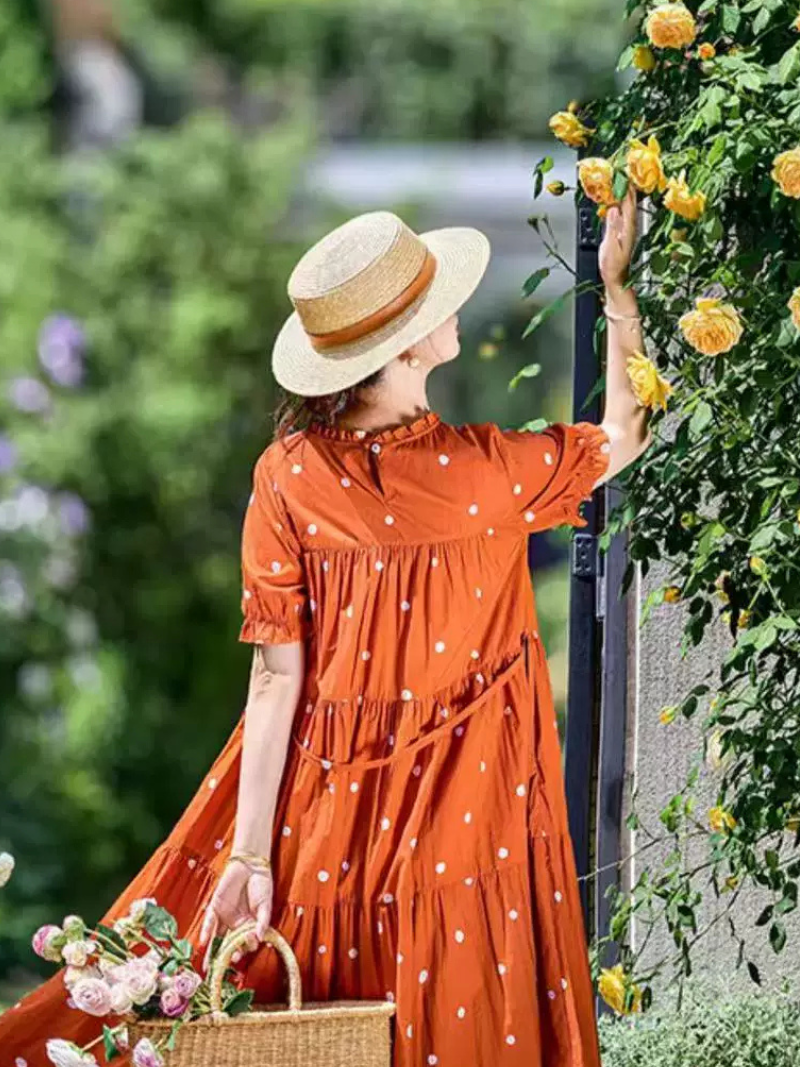 Cottage Garden Polka Dot Cotton Dress with Scalloped Lace Hem