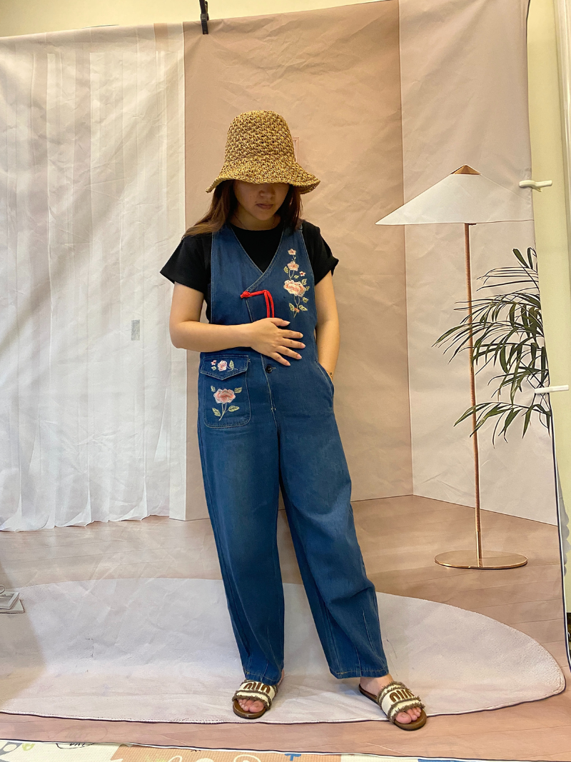 Women's Rose Embroidered Denim Overalls with Loose Wide-Leg Fit