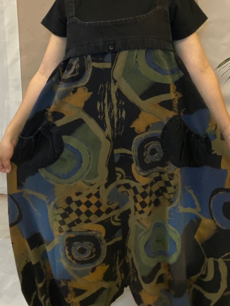Geometric Print Denim Dungarees With Curved Hip Pockets