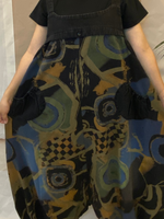 Geometric Print Denim Dungarees With Curved Hip Pockets