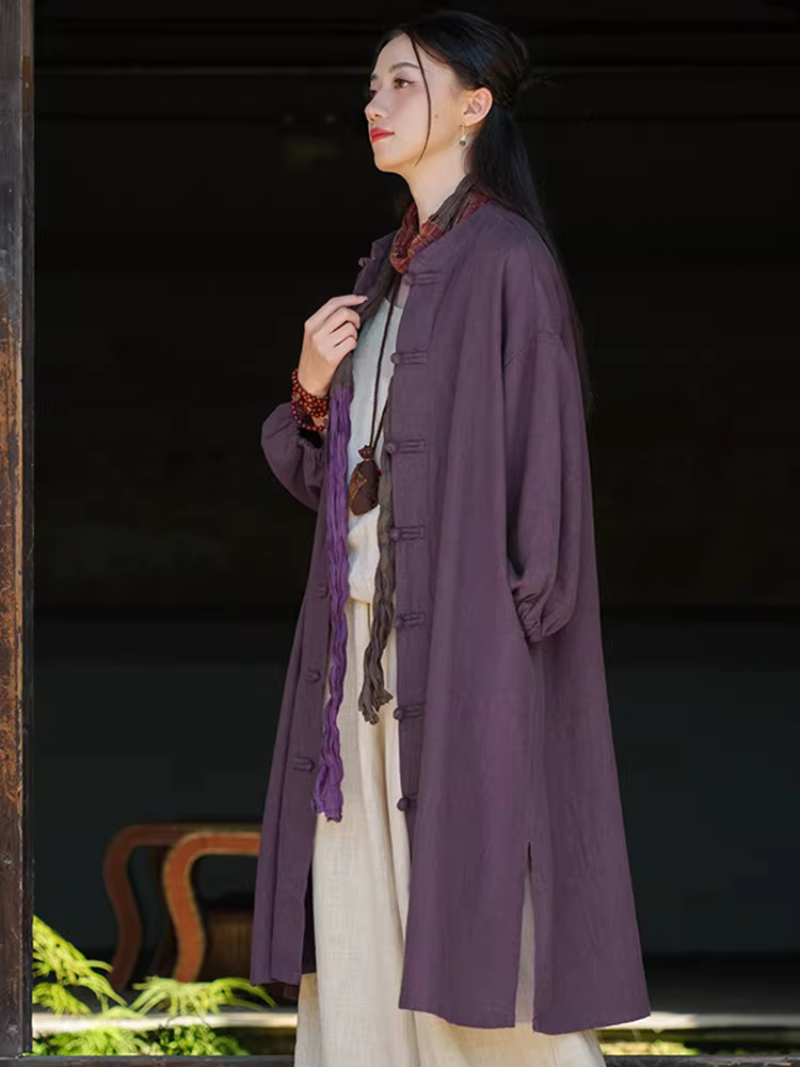 Chic Cotton Linen Mandarin-Collar Duster Coat with Frog Closures, Timeless Elegance