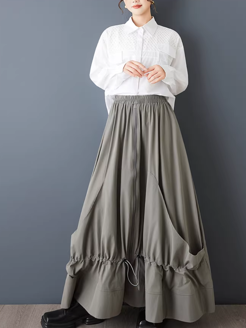 Sculptural Drawcord Maxi Skirt with Elastic Waist, Flowing Polyester Elegance