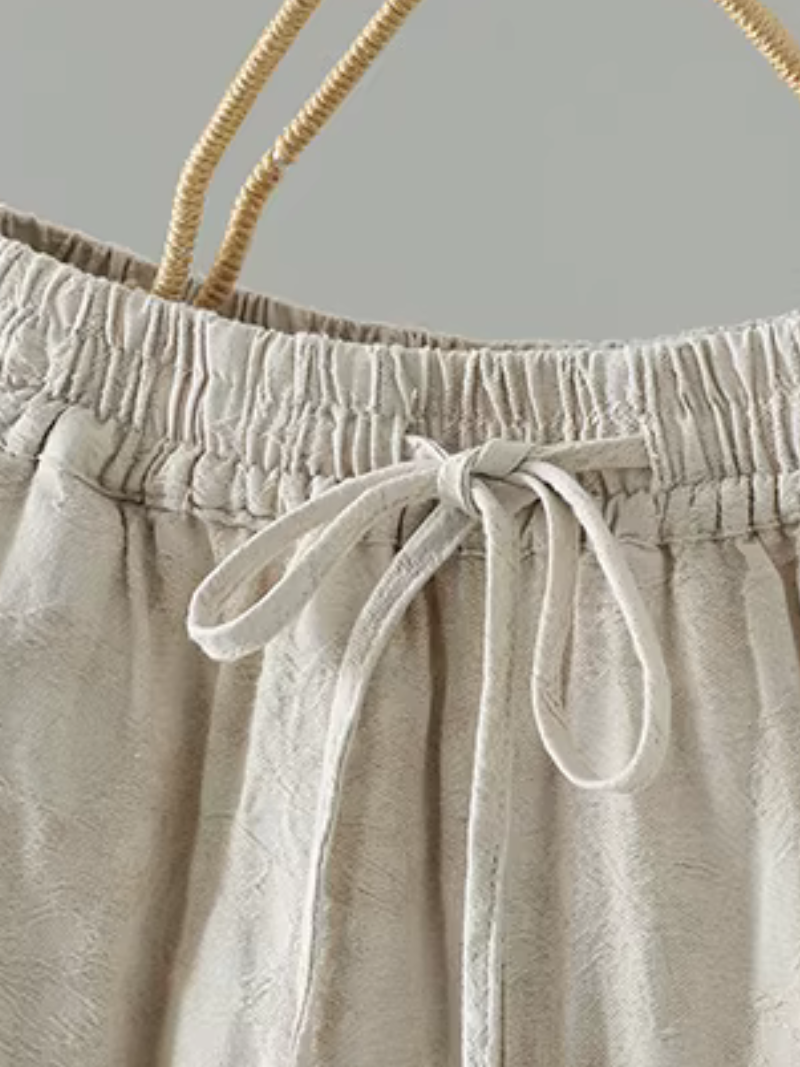 Textured Jacquard Cotton Relaxed Wide-Leg Women's Pants with Drawstring Waist