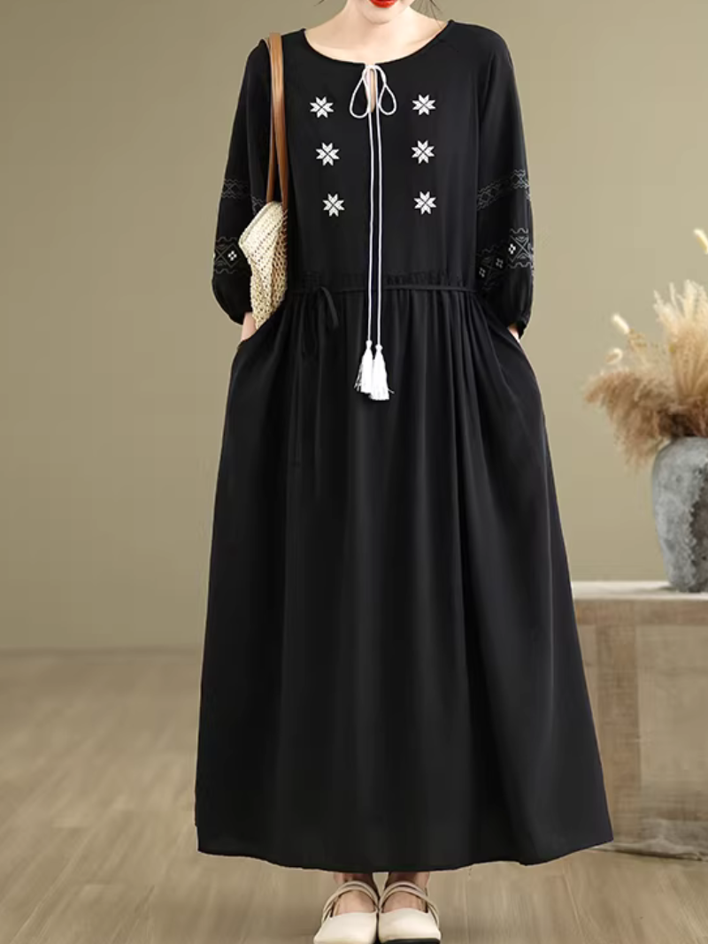 Embroidered Cotton-Linen Boho Maxi Dress with Tassel Tie Neck Detail