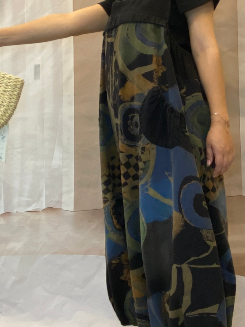 Geometric Print Denim Dungarees With Curved Hip Pockets