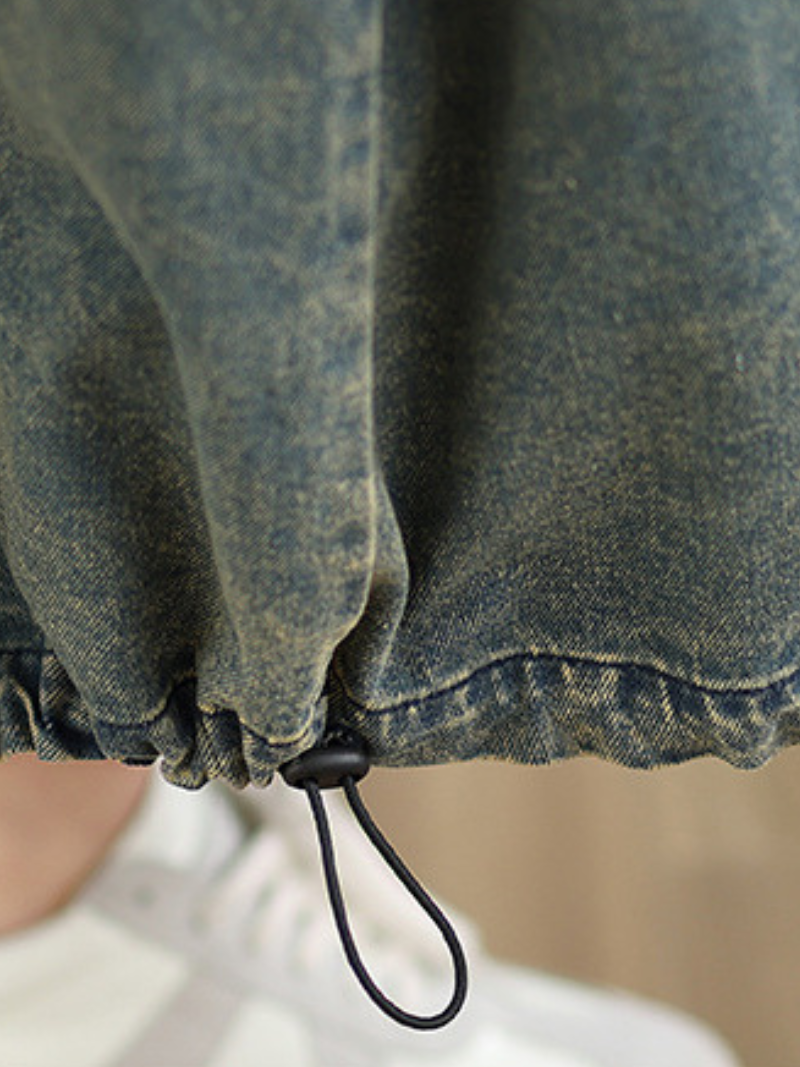 Hooded Denim Dress in Cotton, Pinafore Silhouette with Oversized Pockets