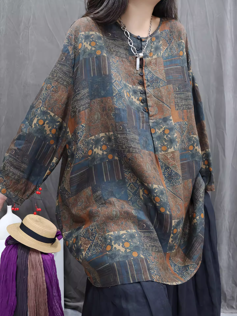Artful Patchwork Oversized Tunic Blouse in Rayon Blend, Boho Chic