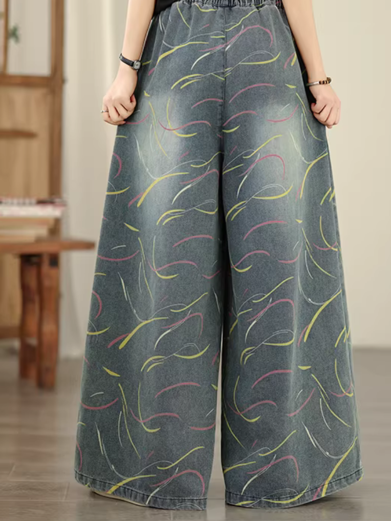 Artful Wide-Leg Denim Cotton Palazzo Pants with Elastic High Waist