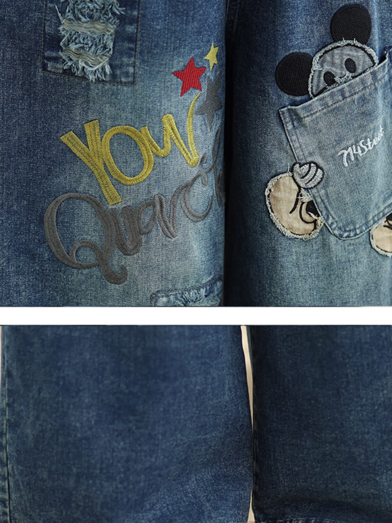 Chic Wide-Leg Women's Jeans in Denim Cotton with Artful Patchwork