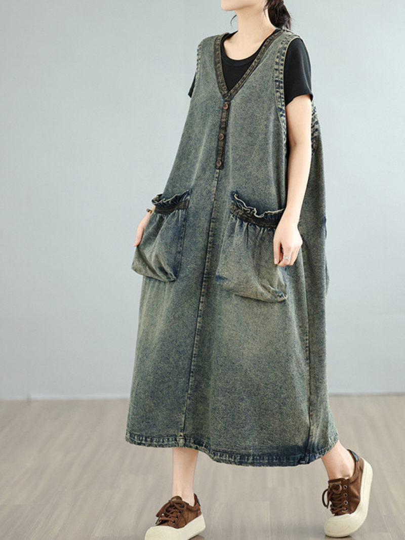 Relaxed V-Neck Denim Dress with Oversized Pockets, Effortless Pinafore