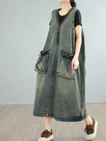 Relaxed V-Neck Denim Dress with Oversized Pockets, Effortless Pinafore