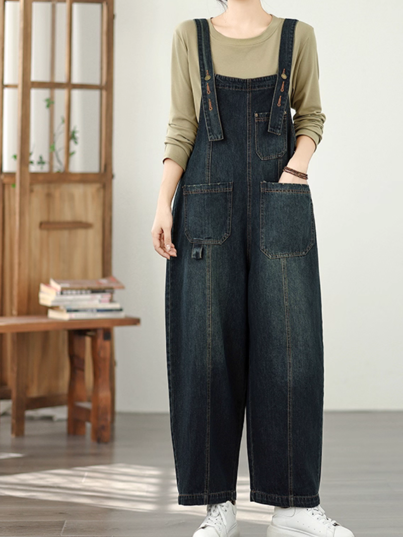 Relaxed Wide-Leg Denim Overalls with Adjustable Straps and Pocket Detail